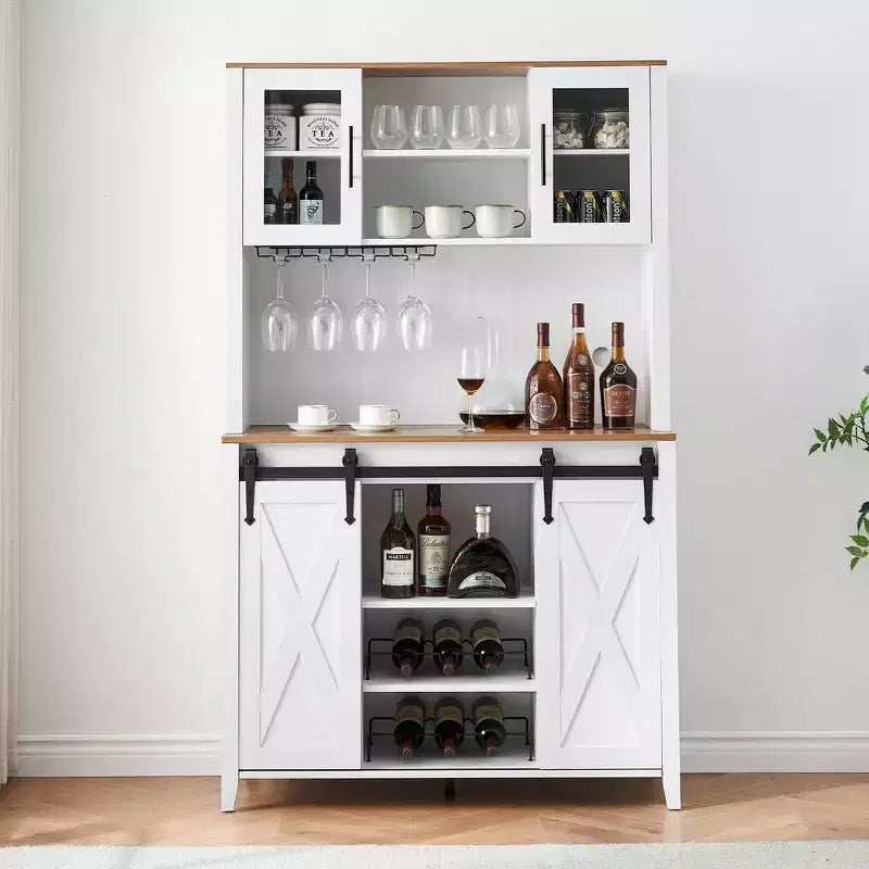 Farmhouse Bar Cabinet with Sliding Barn Door, 70 Rustic Storage Buffet with Wine Rack & Glass Holder for Kitchen, Dining Room or Home Bar