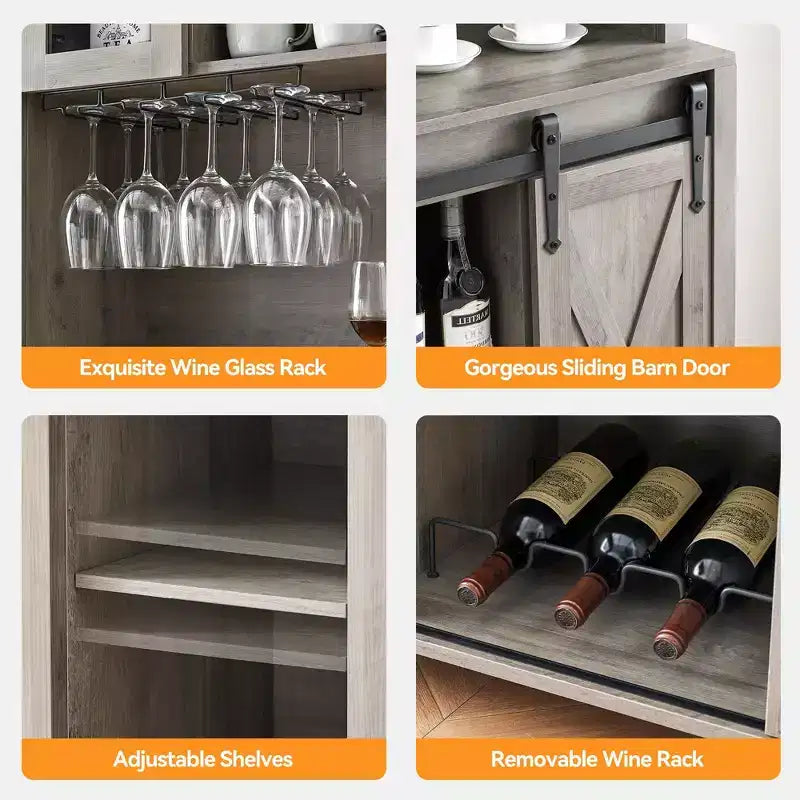 Farmhouse Bar Cabinet with Sliding Barn Door, 70 Rustic Storage Buffet with Wine Rack & Glass Holder for Kitchen, Dining Room or Home Bar