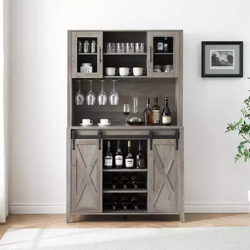 Farmhouse Bar Cabinet with Sliding Barn Door, 70 Rustic Storage Buffet with Wine Rack & Glass Holder for Kitchen, Dining Room or Home Bar