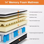 Materasso Queen da 14 pollici, materasso ibrido in memory foam con gel confezionato sottovuoto, supporto con molle insacchettate e isolamento dai movimenti e sollievo dalla pressione, rigidità media, CertiPUR-US