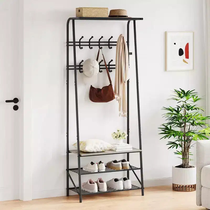 Industrial Entryway Hall Tree with Double Hooks, Shoe Storage Bench, and Top Shelf C Sturdy Metal Frame Coat Rack with Bench