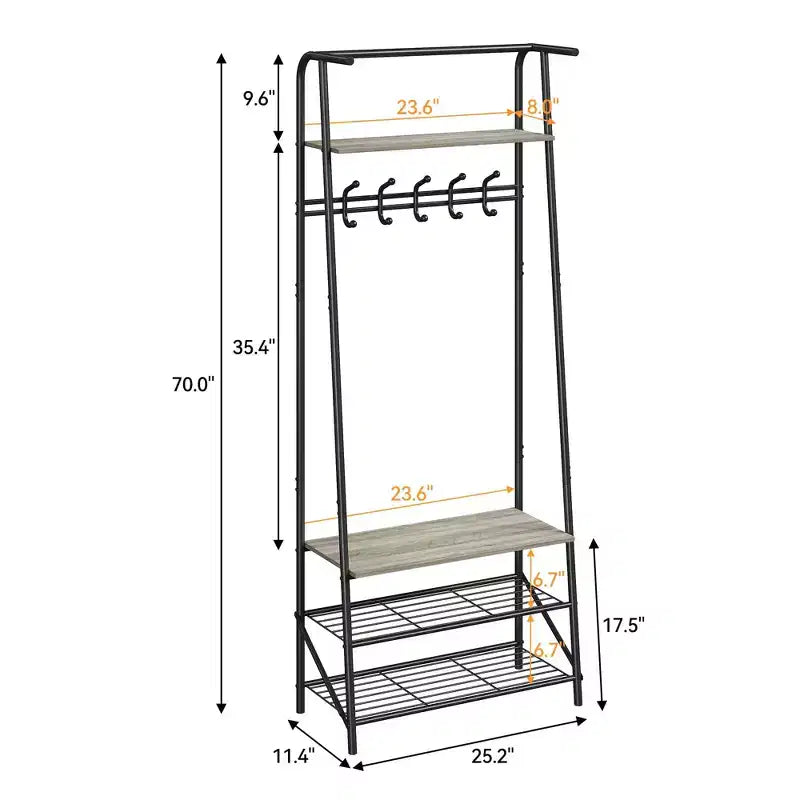 Industrial Entryway Hall Tree with Double Hooks, Shoe Storage Bench, and Top Shelf C Sturdy Metal Frame Coat Rack with Bench