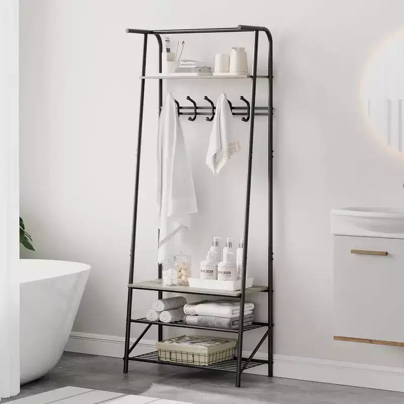 Industrial Entryway Hall Tree with Double Hooks, Shoe Storage Bench, and Top Shelf C Sturdy Metal Frame Coat Rack with Bench