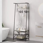 Industrial Entryway Hall Tree with Double Hooks, Shoe Storage Bench, and Top Shelf C Sturdy Metal Frame Coat Rack with Bench