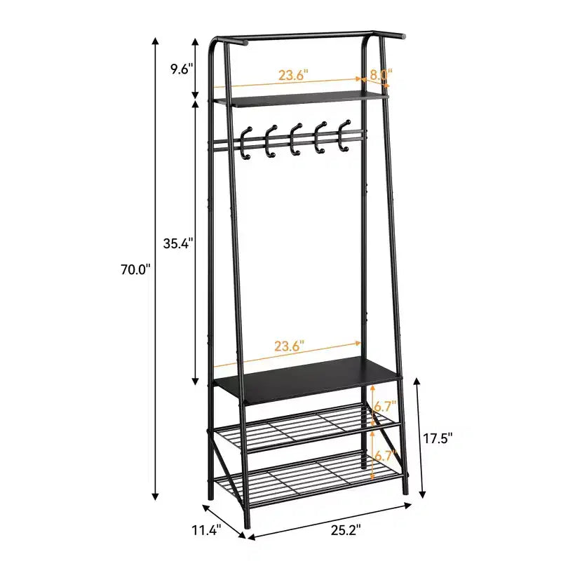 Industrial Entryway Hall Tree with Double Hooks, Shoe Storage Bench, and Top Shelf C Sturdy Metal Frame Coat Rack with Bench