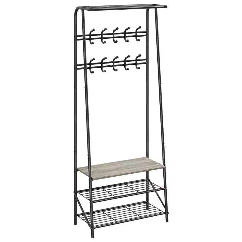 Industrial Entryway Hall Tree with Double Hooks, Shoe Storage Bench, and Top Shelf C Sturdy Metal Frame Coat Rack with Bench