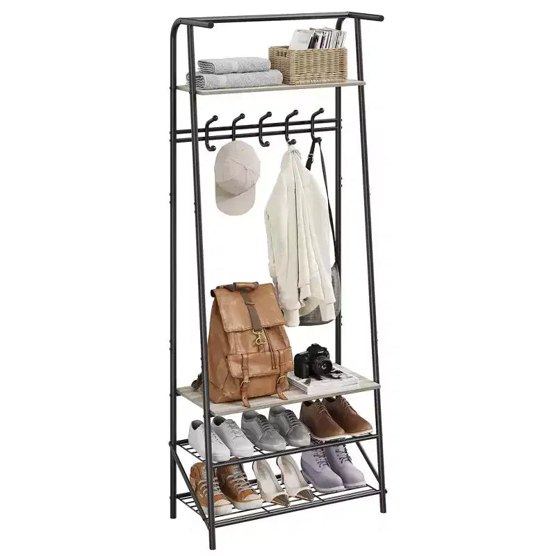 Industrial Entryway Hall Tree with Double Hooks, Shoe Storage Bench, and Top Shelf C Sturdy Metal Frame Coat Rack with Bench