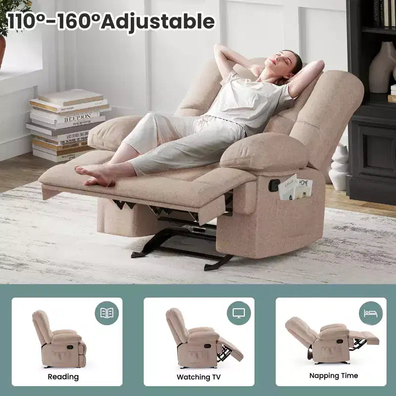 Sand Oversized Rocking Recliner Sofa for Adults, Chenille, Ergonomic, Perfect for Living Room
