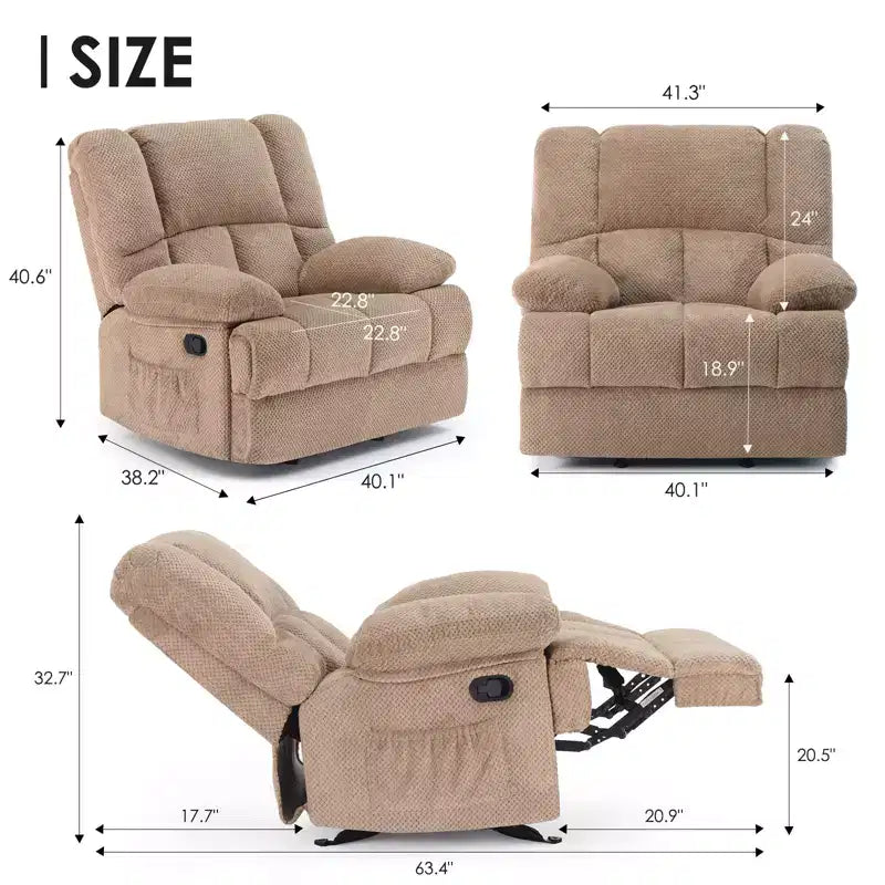 Sand Oversized Rocking Recliner Sofa for Adults, Chenille, Ergonomic, Perfect for Living Room