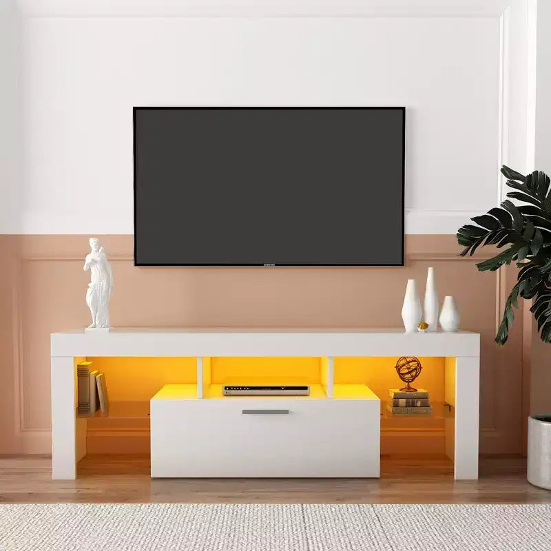 TV Stand with Remote Control LED Light Strip, Storage Cabinets & Open Shelves, Two-Drawer White Entertainment Center for Living Room Bedroom