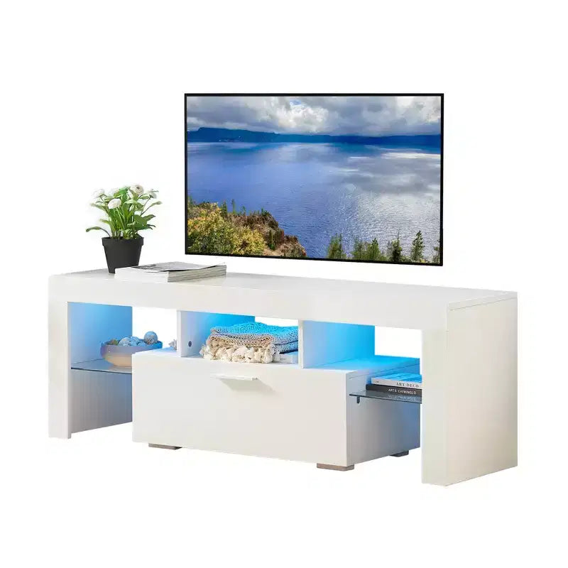 TV Stand with Remote Control LED Light Strip, Storage Cabinets & Open Shelves, Two-Drawer White Entertainment Center for Living Room Bedroom