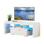 Mobile TV con striscia luminosa LED telecomandata, mobili contenitori e ripiani aperti, mobile bianco a due cassetti per soggiorno e camera da letto