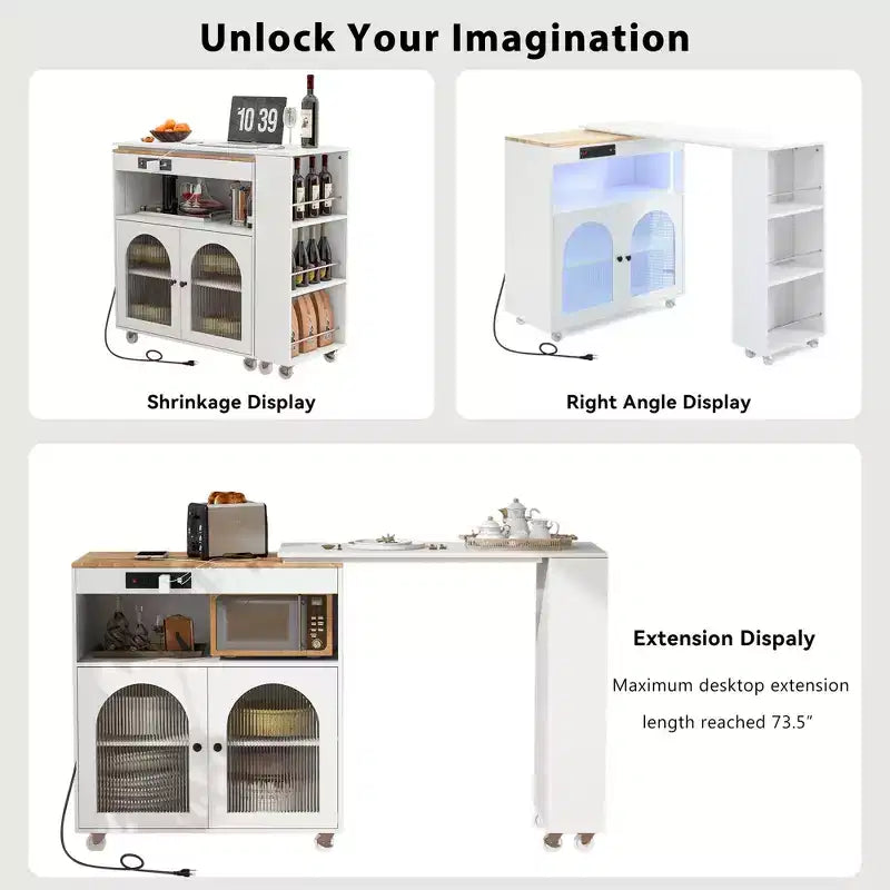 Paolo Modern Rolling Kitchen Island with Movable Table & Cabinet, LED Light and Power Outlet