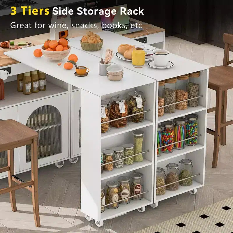 Paolo Modern Rolling Kitchen Island with Movable Table & Cabinet, LED Light and Power Outlet