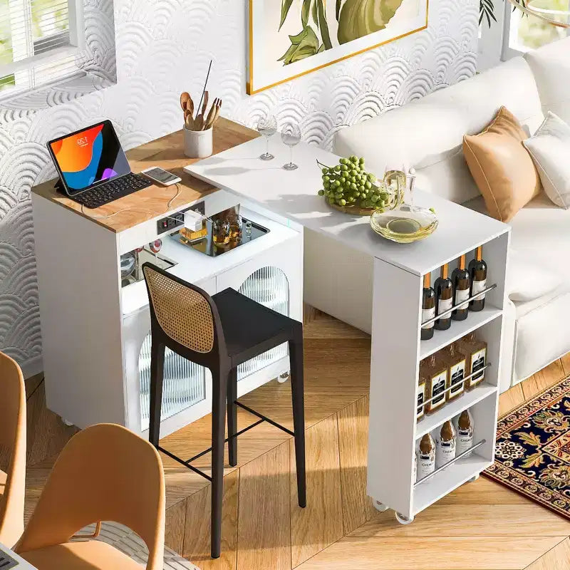 Paolo Modern Rolling Kitchen Island with Movable Table & Cabinet, LED Light and Power Outlet