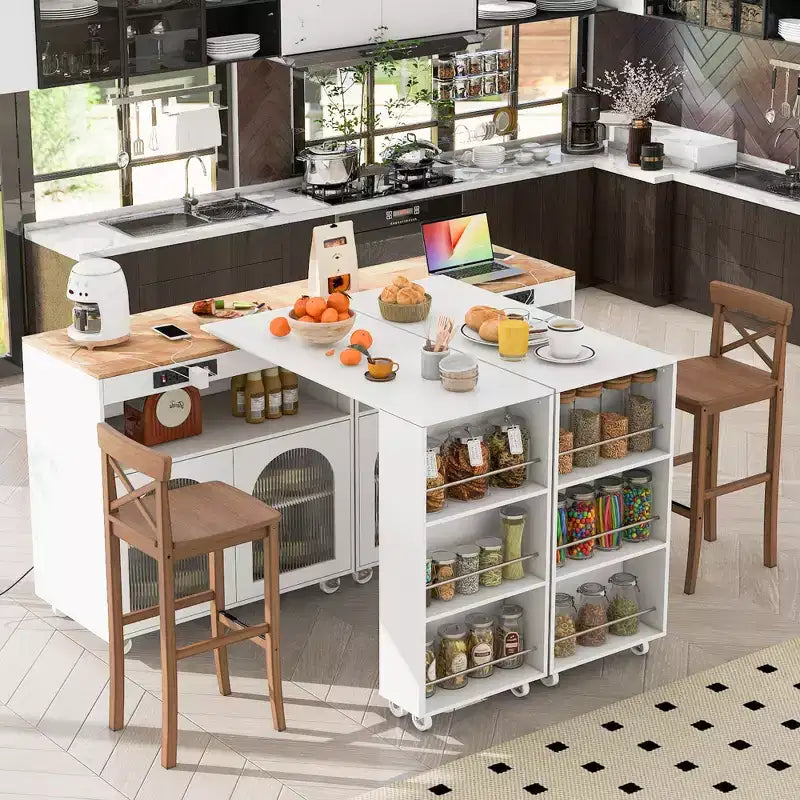 Paolo Modern Rolling Kitchen Island with Movable Table & Cabinet, LED Light and Power Outlet