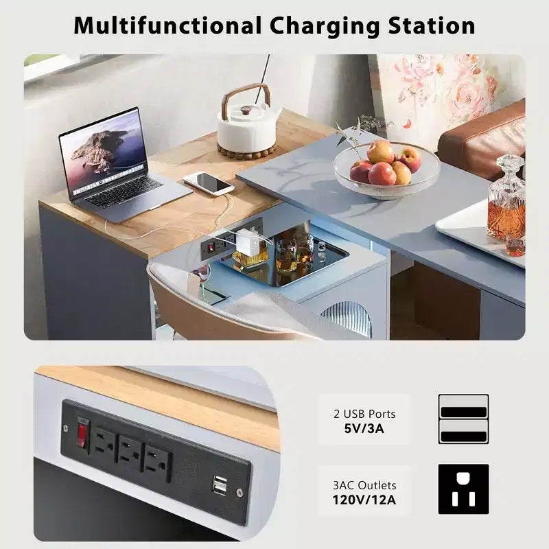 Paolo Modern Rolling Kitchen Island with Movable Table & Cabinet, LED Light and Power Outlet