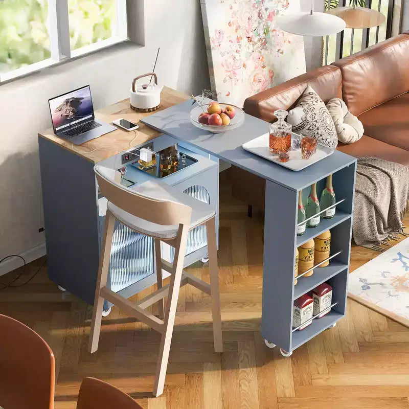 Paolo Modern Rolling Kitchen Island with Movable Table & Cabinet, LED Light and Power Outlet