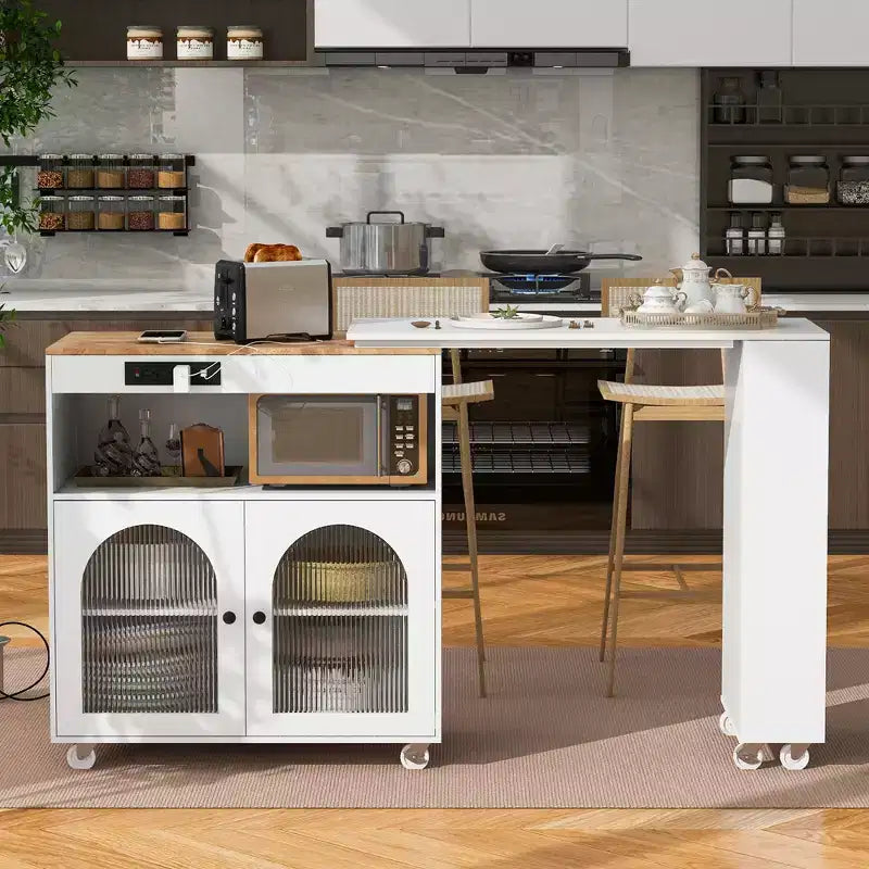 Paolo Modern Rolling Kitchen Island with Movable Table & Cabinet, LED Light and Power Outlet