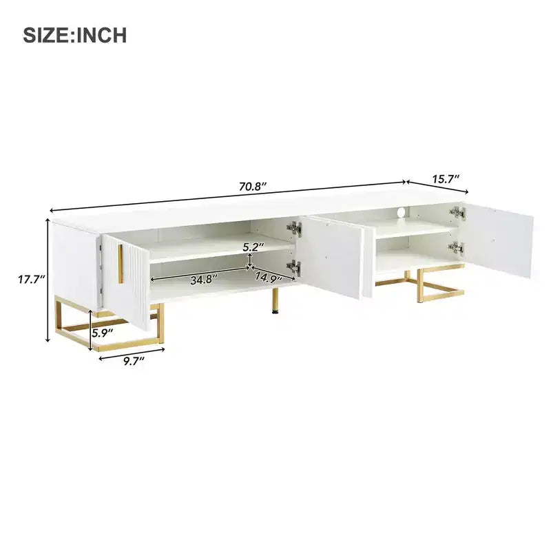 70-inch Modern Media Cabinet TV Stand, suitable for TVs under 80 inches, featuring metal legs and handles with storage space, white