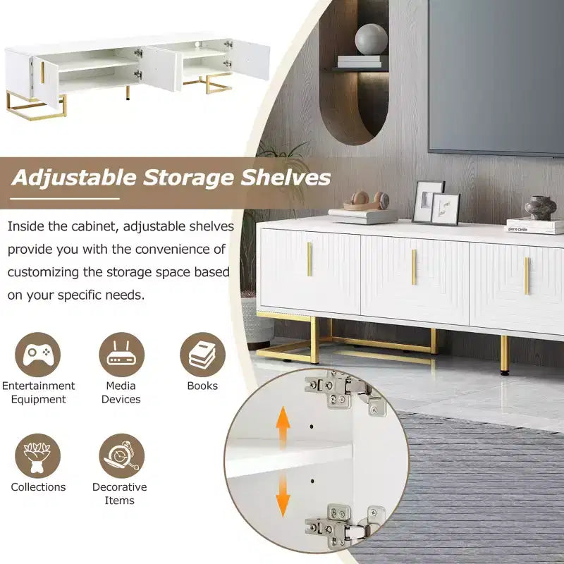 70-inch Modern Media Cabinet TV Stand, suitable for TVs under 80 inches, featuring metal legs and handles with storage space, white