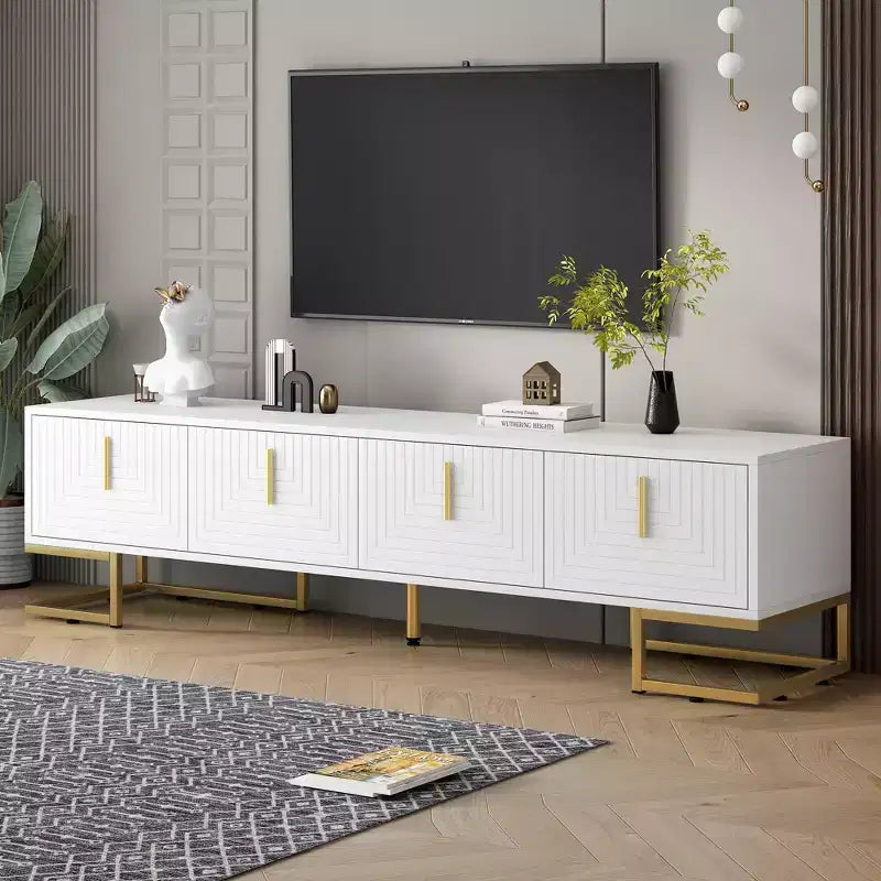 70-inch Modern Media Cabinet TV Stand, suitable for TVs under 80 inches, featuring metal legs and handles with storage space, white