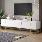 Mueble de TV moderno de 70 pulgadas, adecuado para televisores de menos de 80 pulgadas, con patas y tiradores metálicos y espacio de almacenamiento, blanco