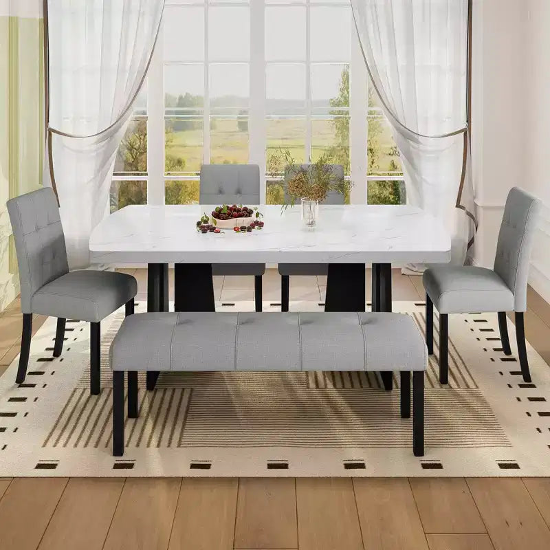 Modern Tufted Linen Dining Bench, Black Rubber Wood Legs