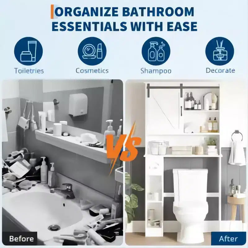 White Over Toilet Storage Cabinet with Barn Door and Tissue Holder, Freestanding MDF Bathroom Organizer with 2 Doors and Shelf
