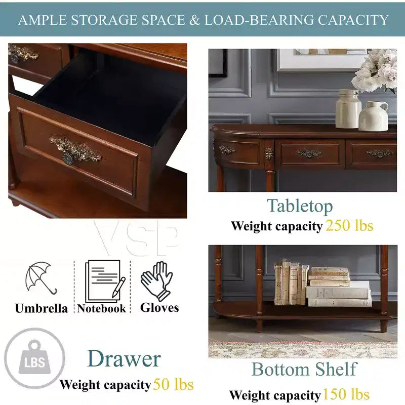 Retro Curved Console Table with 2 Drawers, Farmhouse Sofa Table with Roman Legs & Open Shelf,Wood Entryway Table for Living Room,Hallway
