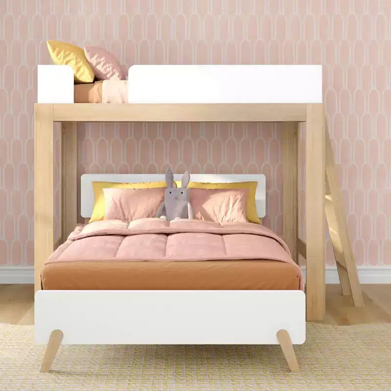 Mid-Century Modern Twin over Full L-Shaped Bunk Bed, Solid Wood