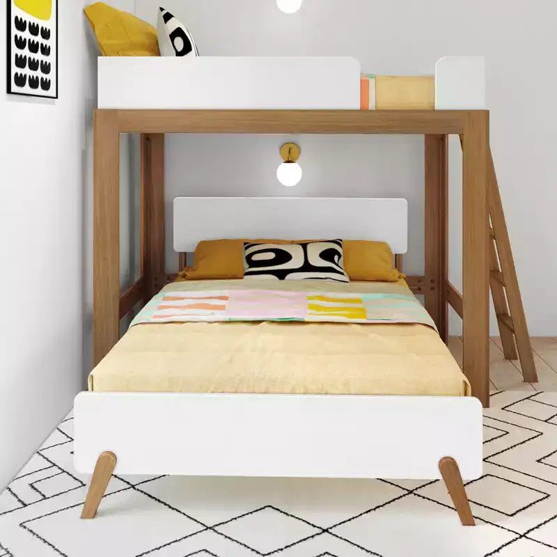 Mid-Century Modern Twin over Full L-Shaped Bunk Bed, Solid Wood