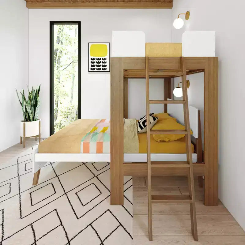 Mid-Century Modern Twin over Full L-Shaped Bunk Bed, Solid Wood