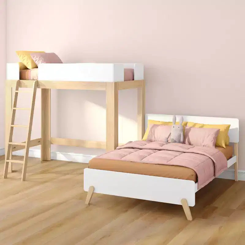 Mid-Century Modern Twin over Full L-Shaped Bunk Bed, Solid Wood