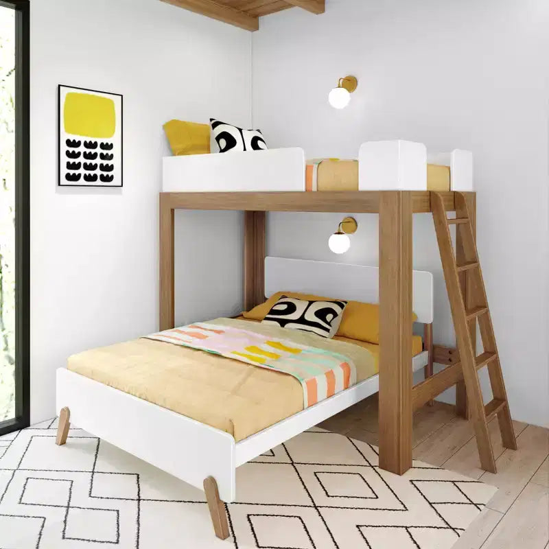 Mid-Century Modern Twin over Full L-Shaped Bunk Bed, Solid Wood