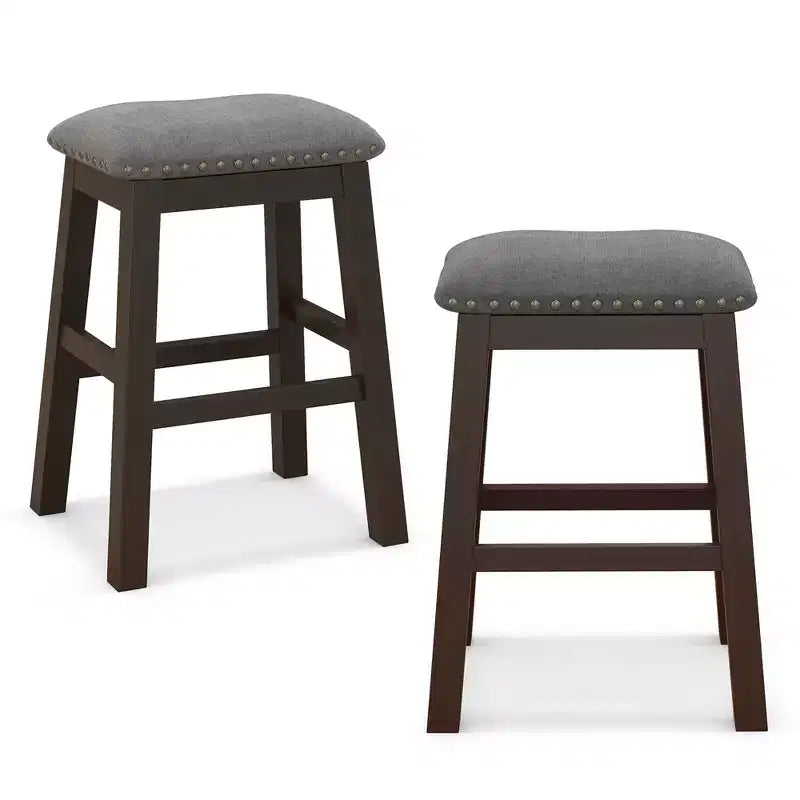 Set of 2 Upholstered Saddle Bar Stools 24.5'' Dining Chairs with Wooden Legs Gray