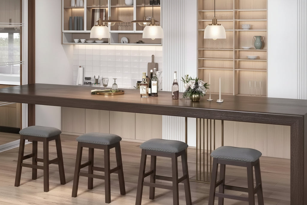 Set of 2 Upholstered Saddle Bar Stools 24.5'' Dining Chairs with Wooden Legs Gray