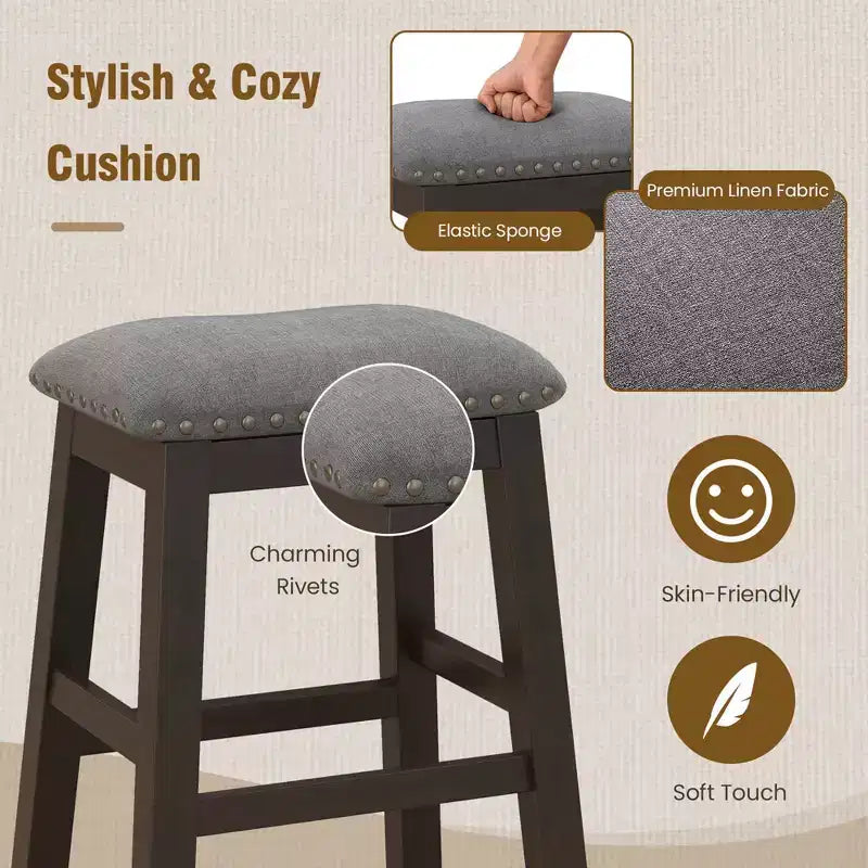 Set of 2 Upholstered Saddle Bar Stools 24.5'' Dining Chairs with Wooden Legs Gray