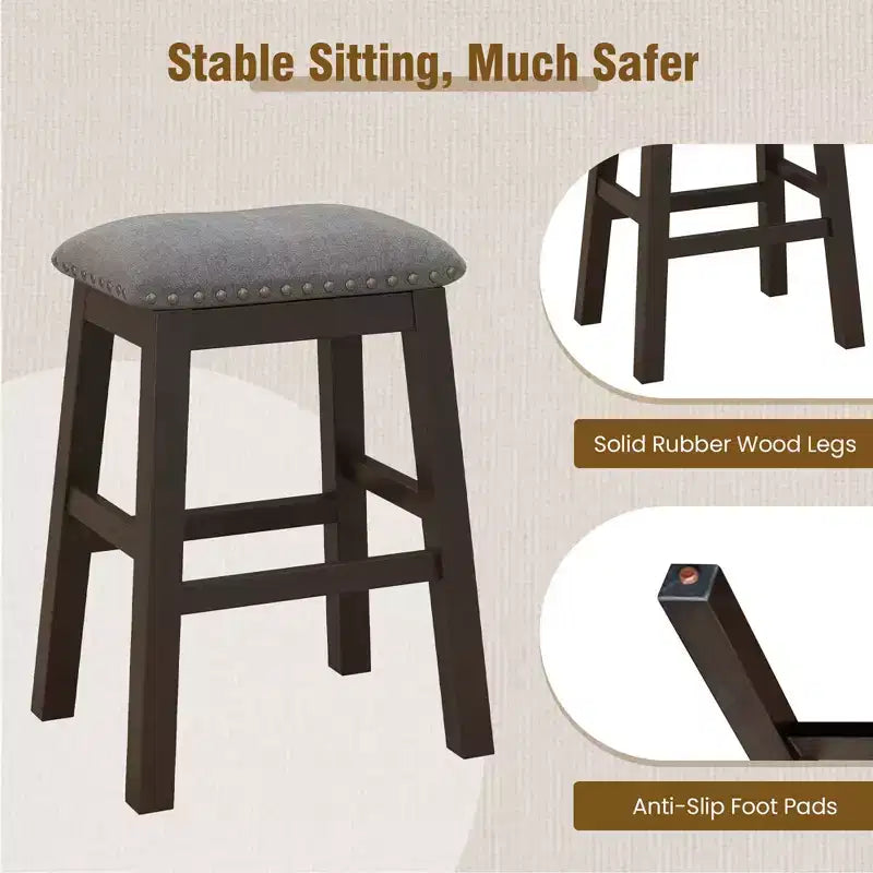 Set of 2 Upholstered Saddle Bar Stools 24.5'' Dining Chairs with Wooden Legs Gray