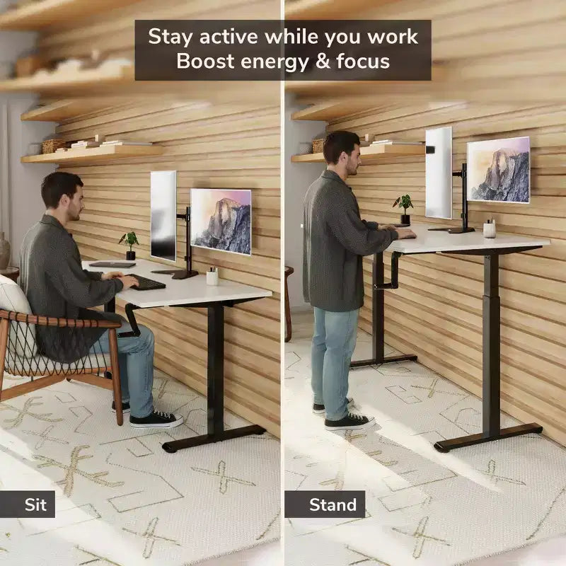 Hand Crank Sit-Stand Desk Frame with Tabletop - White & Black