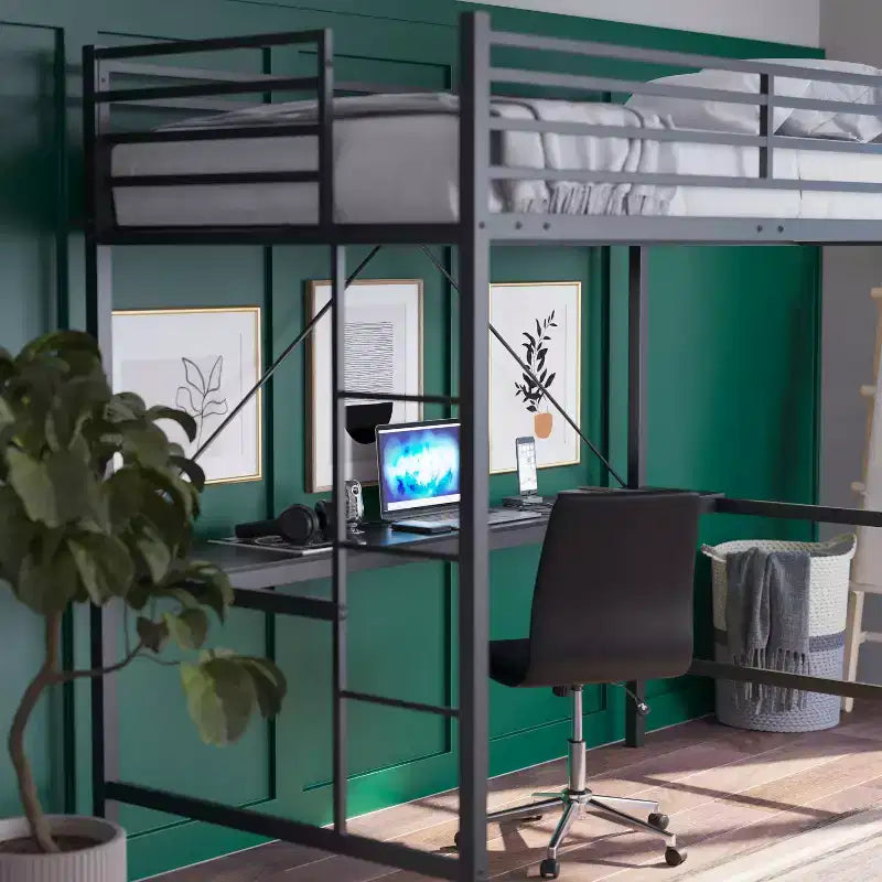 Metal Loft Bed Frame with Desk, Protective Guard Rails and Ladder for Kids, Teens and Adults