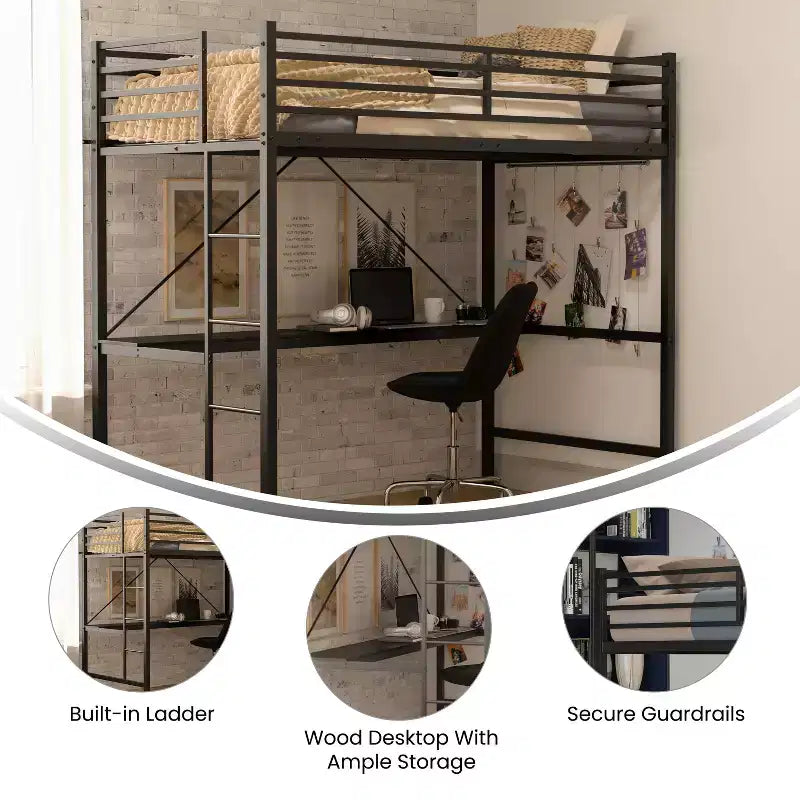 Metal Loft Bed Frame with Desk, Protective Guard Rails and Ladder for Kids, Teens and Adults