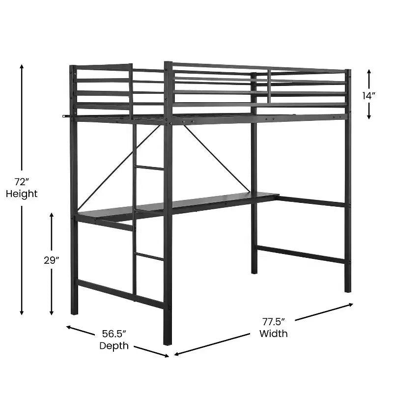 Metal Loft Bed Frame with Desk, Protective Guard Rails and Ladder for Kids, Teens and Adults