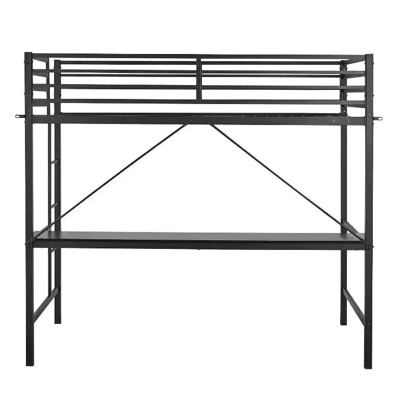 Metal Loft Bed Frame with Desk, Protective Guard Rails and Ladder for Kids, Teens and Adults