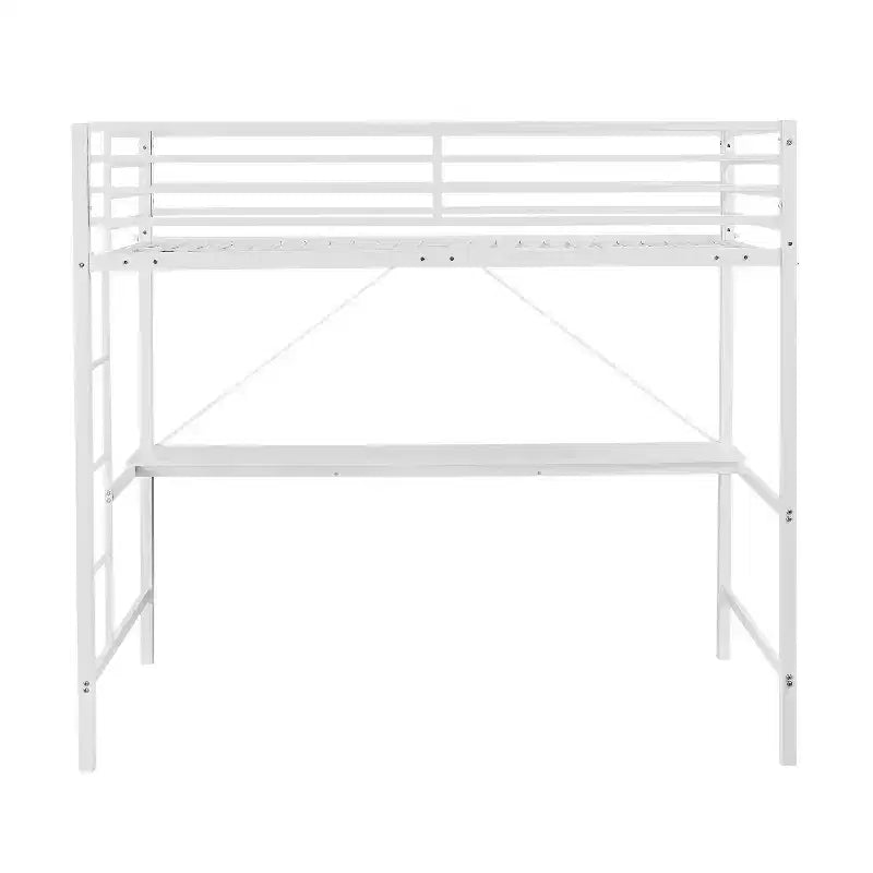 Metal Loft Bed Frame with Desk, Protective Guard Rails and Ladder for Kids, Teens and Adults