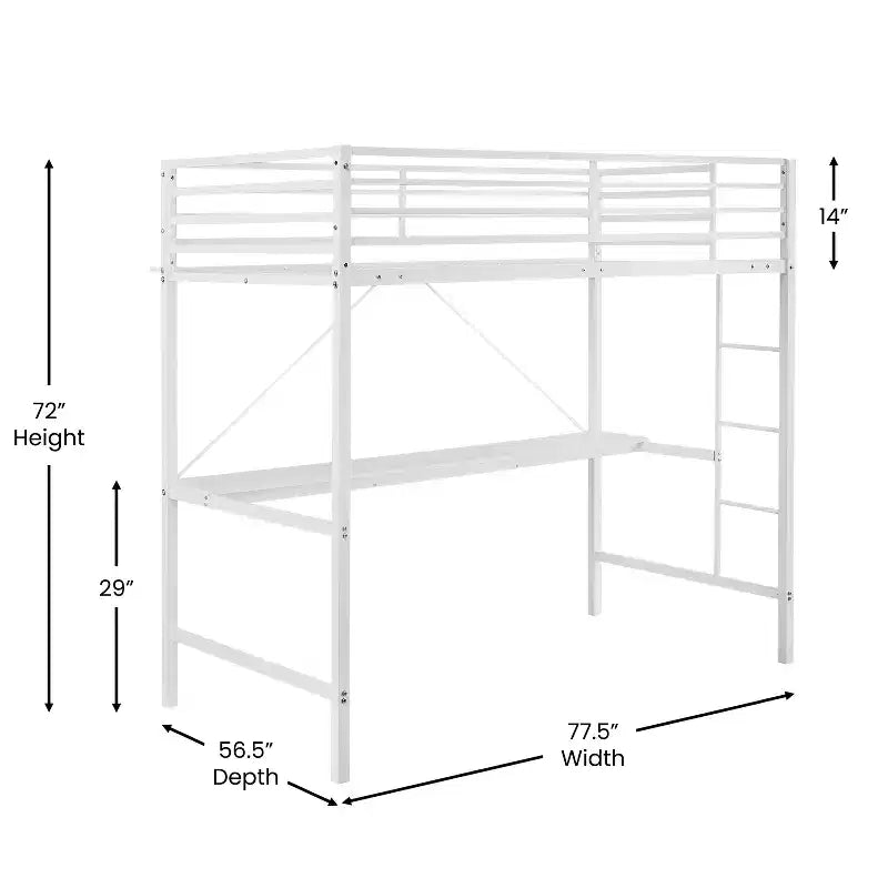 Metal Loft Bed Frame with Desk, Protective Guard Rails and Ladder for Kids, Teens and Adults