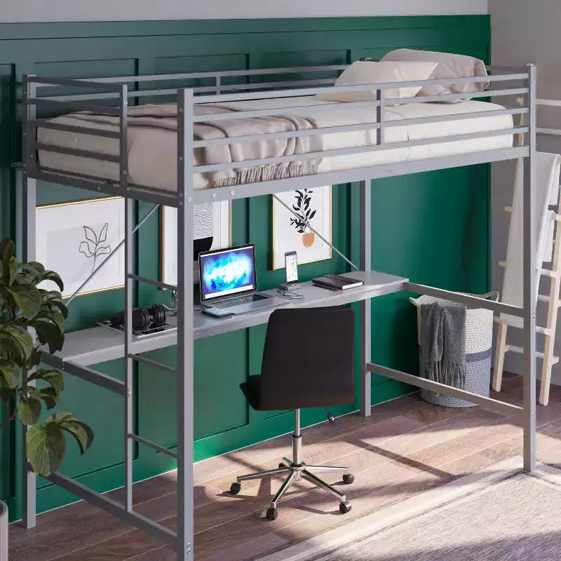 Metal Loft Bed Frame with Desk, Protective Guard Rails and Ladder for Kids, Teens and Adults