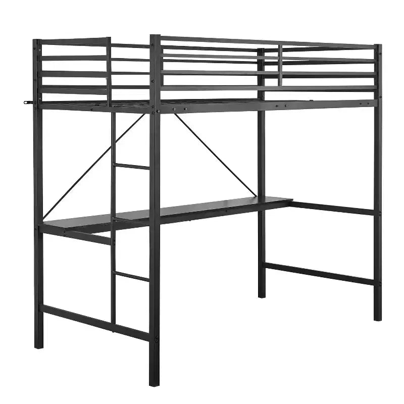 Metal Loft Bed Frame with Desk, Protective Guard Rails and Ladder for Kids, Teens and Adults