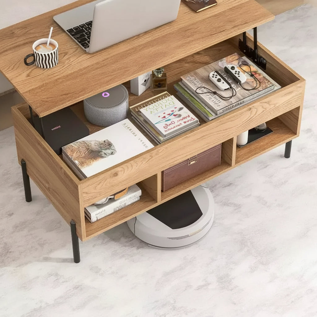 Lift Top Coffee Table with Storage Compartment & 3 Open Cubbies for Living Room