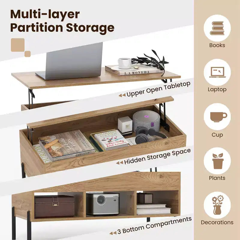 Lift Top Coffee Table with Storage Compartment & 3 Open Cubbies for Living Room